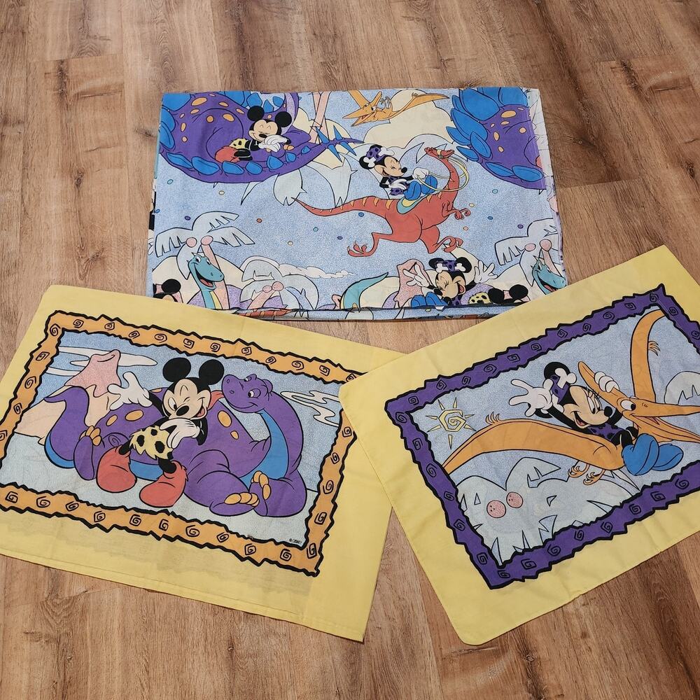 Vtg Disney Mickey Minnie Mouse Stone Age Dinosaur Twin Flat Sheet & 2 Pillowcase